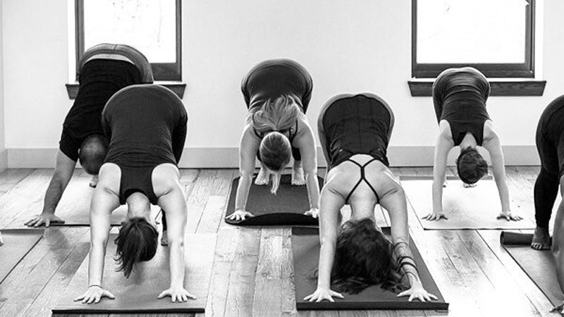 yogis in downward facing dog at a yoga studio T.K.V. Desikachar, yogis in downward facing dog at a yoga studio