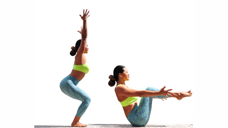 Two Fit Moms in Chair Pose and Boat Pose
