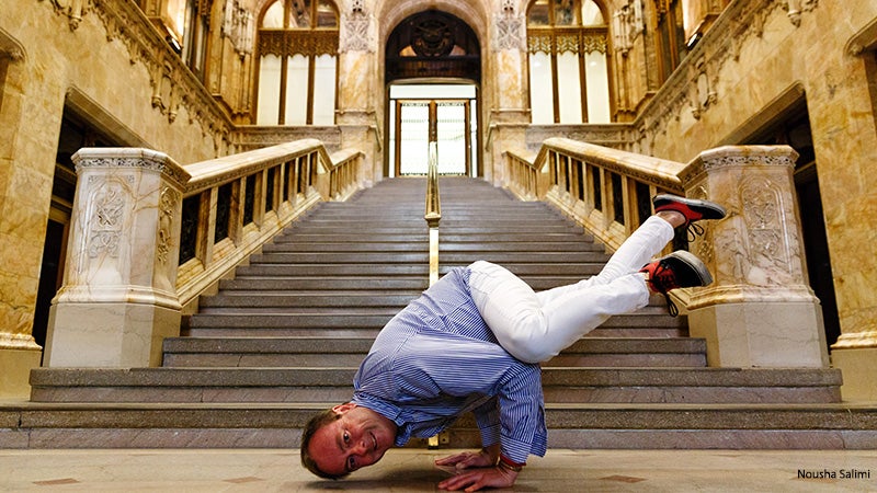 Arm Balance in Front of Stairs Arm Balance in Front of Stairs