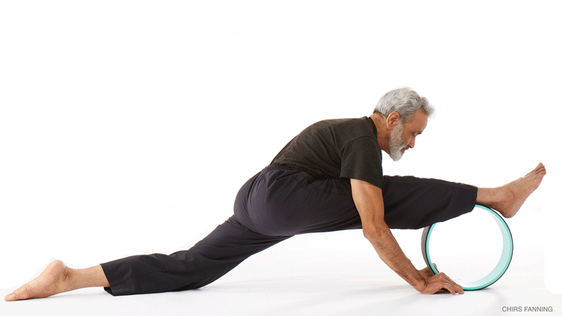 dharma-1 splits pose with dharma wheel, hanumanasana