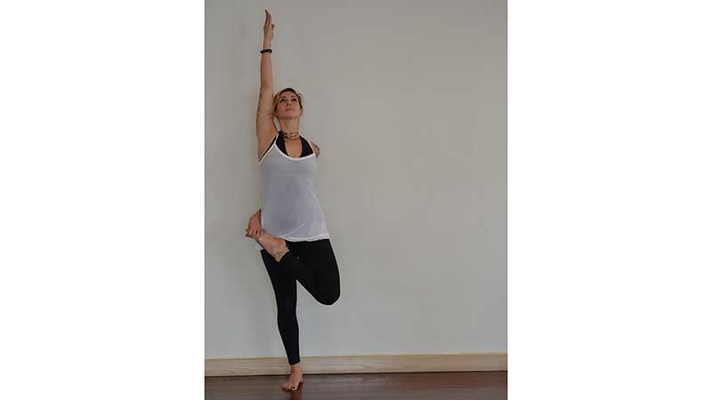 Stefanie Eris in Tree Pose, Half Lotus variation optional Stefanie Eris in Tree Pose, Half Lotus variation optional, ardha baddha padmasana vrksasana
