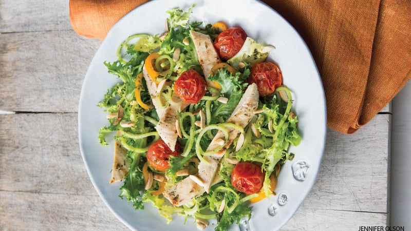 Grilled chicken Salad with Burst Tomatoes, Spiralized Broccoli, and Pesto Vinaigrette Grilled chicken Salad with Burst Tomatoes, Spiralized Broccoli, and Pesto Vinaigrette