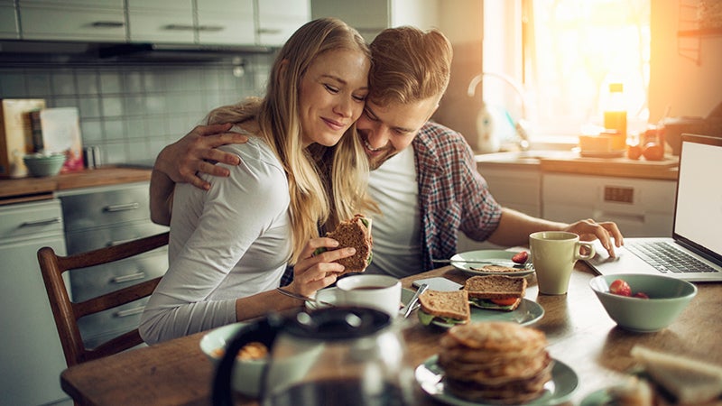 couple, kitchen, morning, eating breakfast couple, kitchen, morning, questions of love