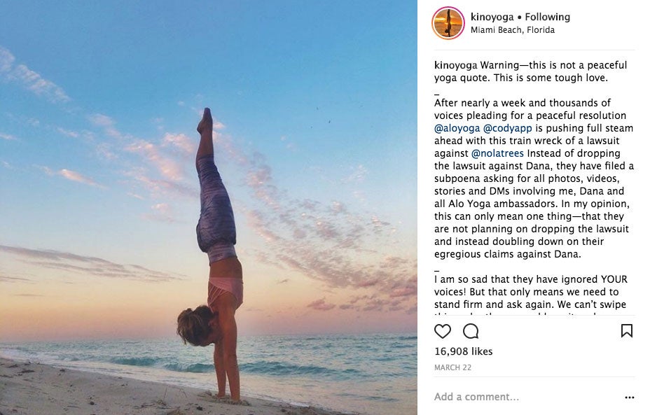 kinoinstagramimg Kino MacGregor Instagram image Alo lawsuit