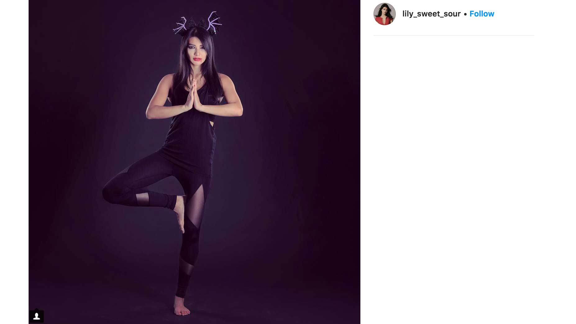 halloween7 Woman wearing a Halloween costume in Tree Pose.