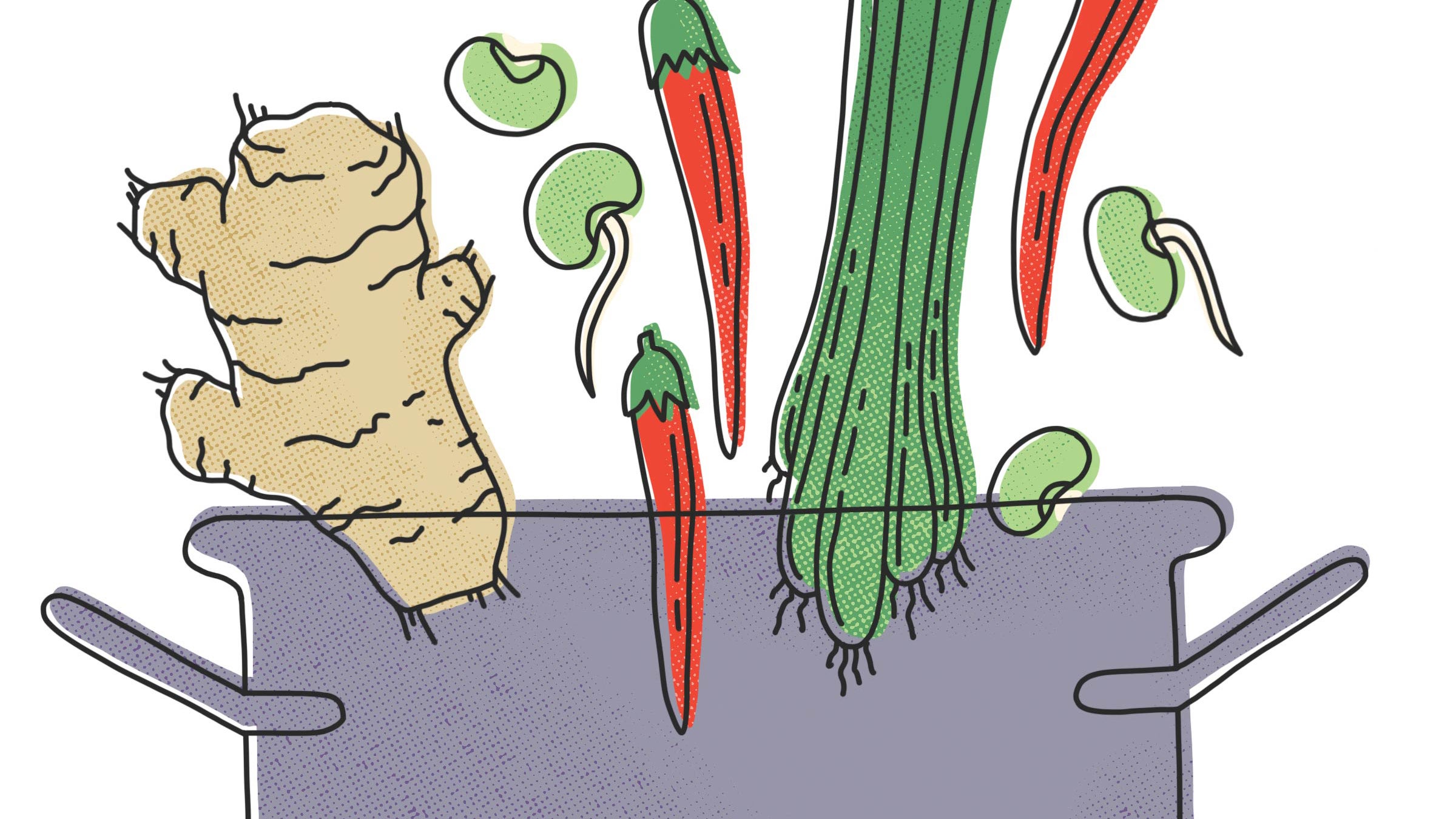 FOODFeature-316-YJ-Recipe_1 Illustration of ginger, mung beans, peppers, and green onions dropping into a pot