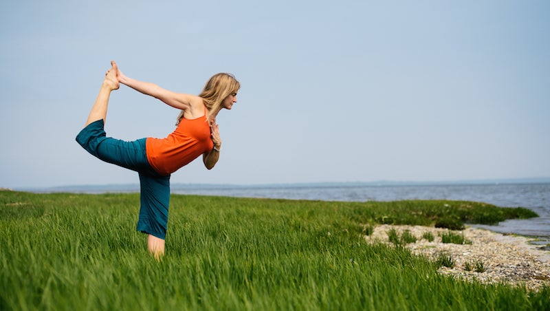 From Tadasana, exhale and bring your hands to your heart center. Shift your weight slightly onto your left foot and bend your right knee. Use your right hand to help you place the sole of your right foot against either your inner left thigh, the inside of your shin, or over your ankle, with your toes pointing toward (or touching, if your foot is on your ankle) the floor. Root down into the ground with your standing leg and hold here for 5 deep breaths, silently repeating: “I am centered.” Move through a vinyasa, then repeat poses 8 and 9 on the other side, finishing in Downward-Facing Dog. See also Q&A: What's a Typical Power Yoga Sequence 