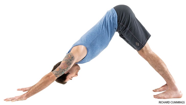 Tias Little in downward facing dog yoga pose Tias Little downward facing dog