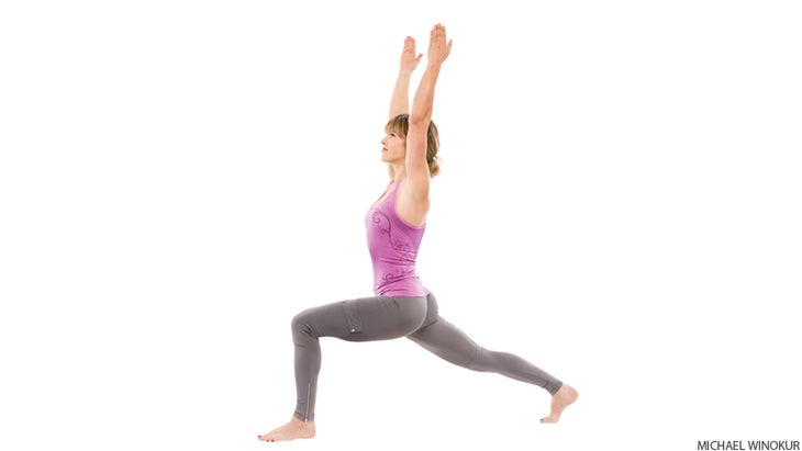 woman in high crescent lunge Alexandria Crow in high crescent lunge