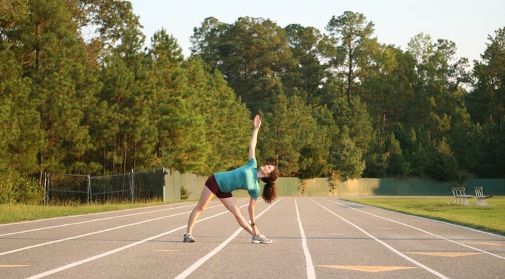 SageRountreeTracktrianglepose Sage Rountree Track triangle pose
