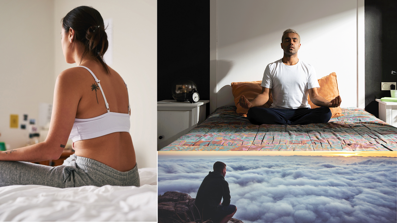 Three images of three different people sitting in morning meditation with their eyes shut