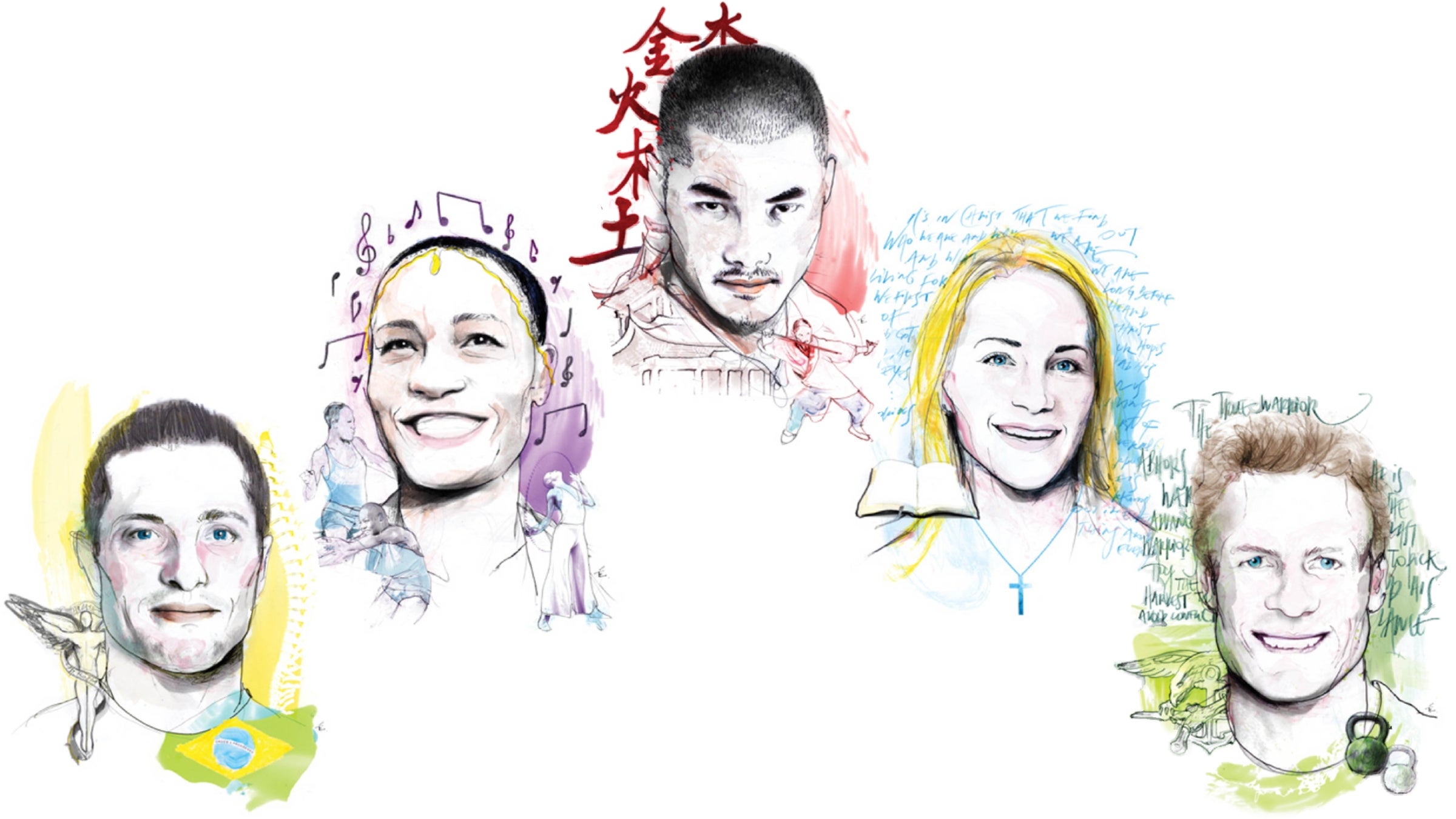 Watercolor headshots of 5 yogis