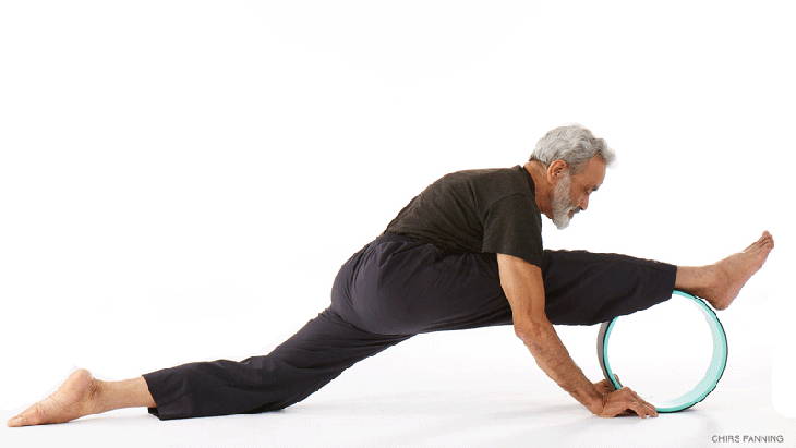 dharma-1 splits pose with dharma wheel, hanumanasana