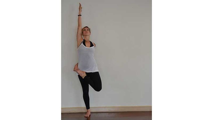 Stefanie Eris in Tree Pose, Half Lotus variation optional, ardha baddha padmasana vrksasana