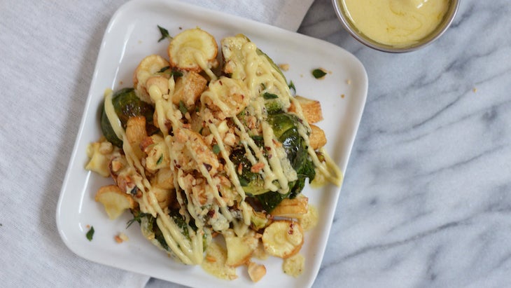 Roasted Parsnips and Brussels Sprouts with Hazelnuts, Thyme and Horseradish Dressing