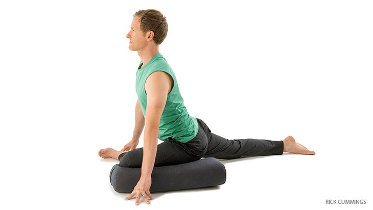YP_282_0240_FNL-PIGEON-MODIFICATION jason crandell, half pigeon pose with bolster assist, eka pada rajakpotasana
