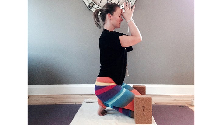 Toe stretch, hands to head Toe stretch, hands to head
