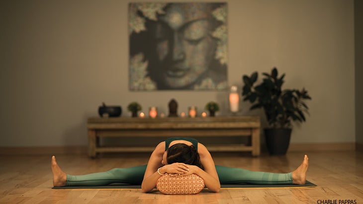 Larissa Hall Carlson Wide-Angle Seated Forward Bend, variation Wide-Angle Seated Forward Bend, variation