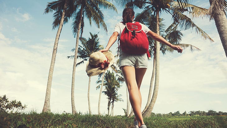 girl on solo trip, travel, palm trees, vacation woman on solo trip