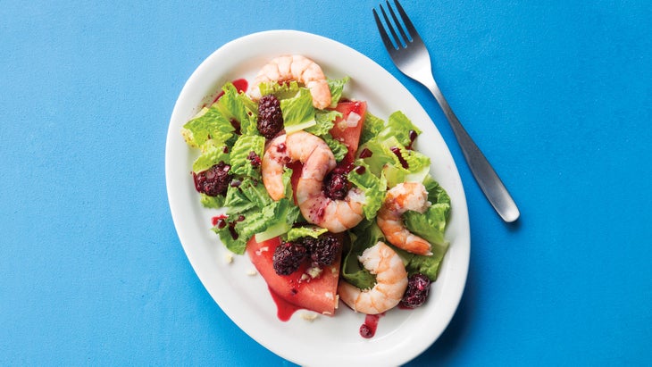 Nourish_shrimp_293_cmyk+EXTbkg Chilled poached shrimp with watermelon and pickled blackberry dressing