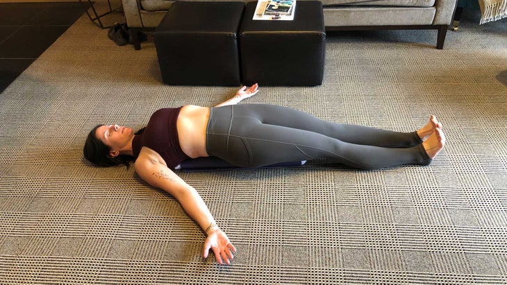 Setu-Bandha-Sarvangasana restorative, traveling, supported bridge