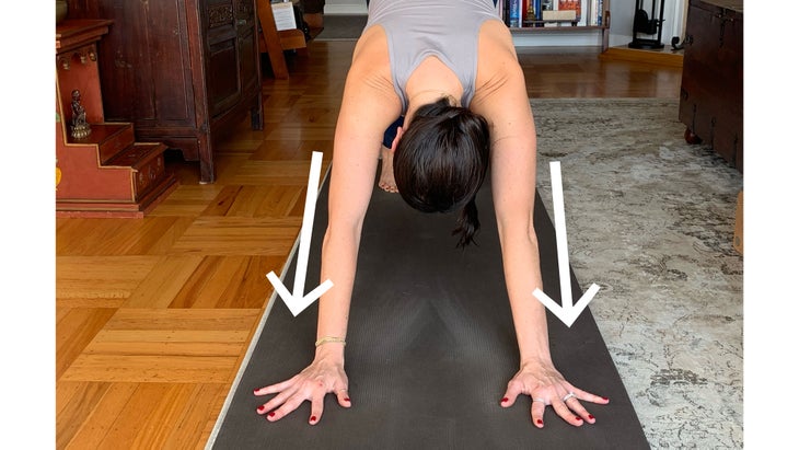 AMS-Well-aligned-elbows- Yoga and hyper-mobility. Downward Facing Dog (Adho Mukha Svanasana).