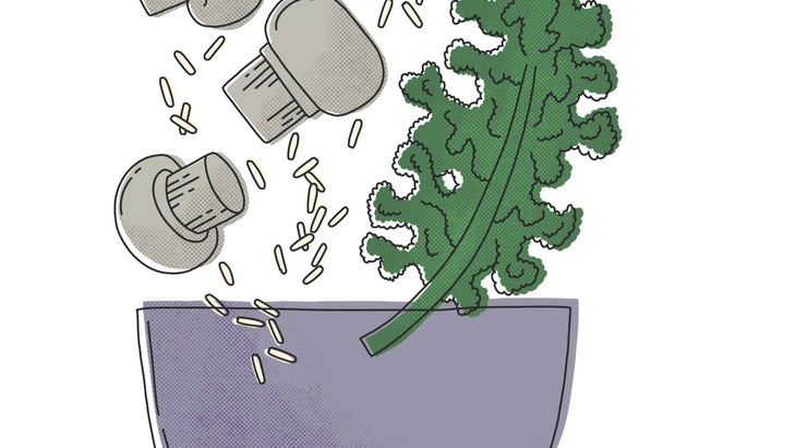 FOODFeature-316-YJ-_Recipe_3 Illustration of kale, rice, and mushrooms dropping into a bowl