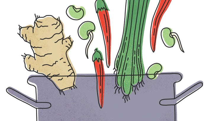 FOODFeature-316-YJ-Recipe_1 Illustration of ginger, mung beans, peppers, and green onions dropping into a pot