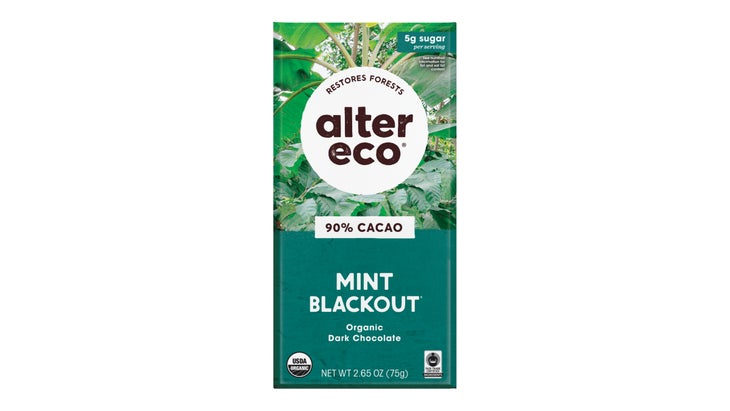 Green wrapper of Alter Eco chocolate bar
