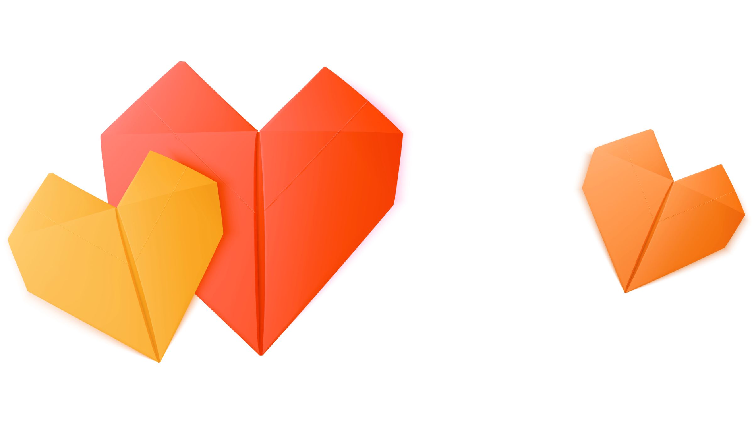 Three origami hearts on a white background