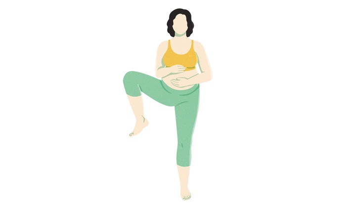 An illustration of a pregnant woman doing standing side leg lifts in order to prepare for labor