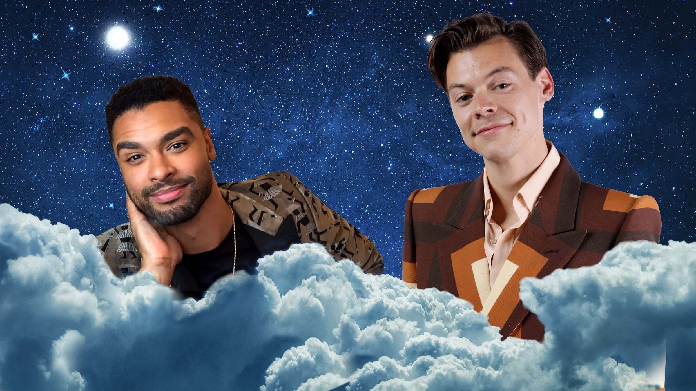 The silhouettes of Regé-Jean Page and Harry Styles float on dreamy clouds in a night sky