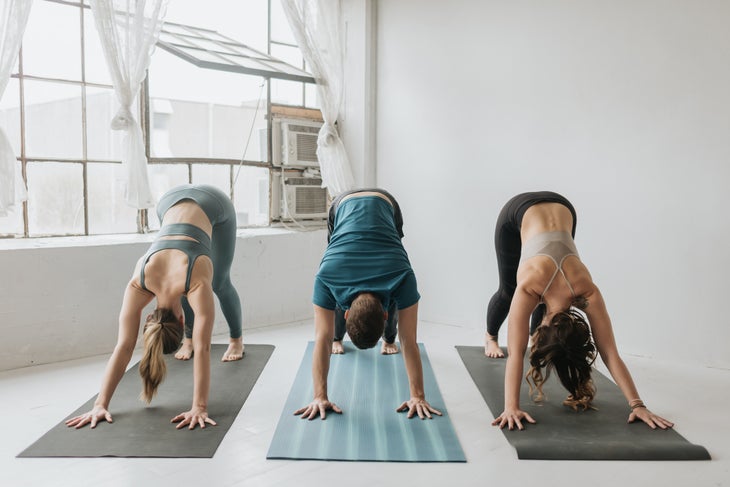 Three yogis practice Downward-Facing Dog next to one another on yoga mats inside a sunlit studio