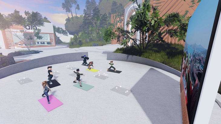 Avatars practice yoga at the Alo Sanctuary on Roblox