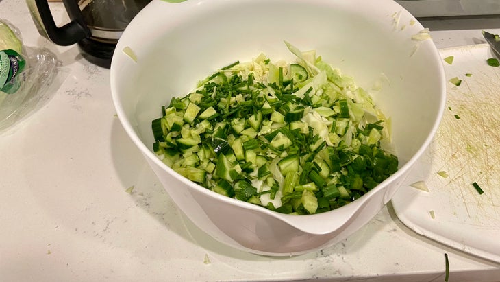 The chopped vegetables of the green goddess salad