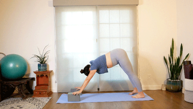 Woman with a shoulder injury practicing a modification on her yoga mat with blocks beneath her hands