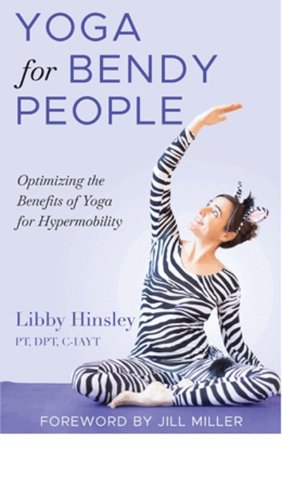 Woman in a zebra suit on a book cover practicing a yoga pose for hypermobile people