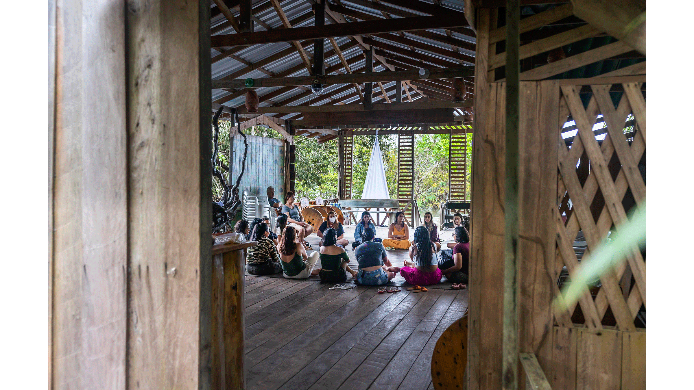 Circle of students at a destination yoga teacher training studying yoga and meditation