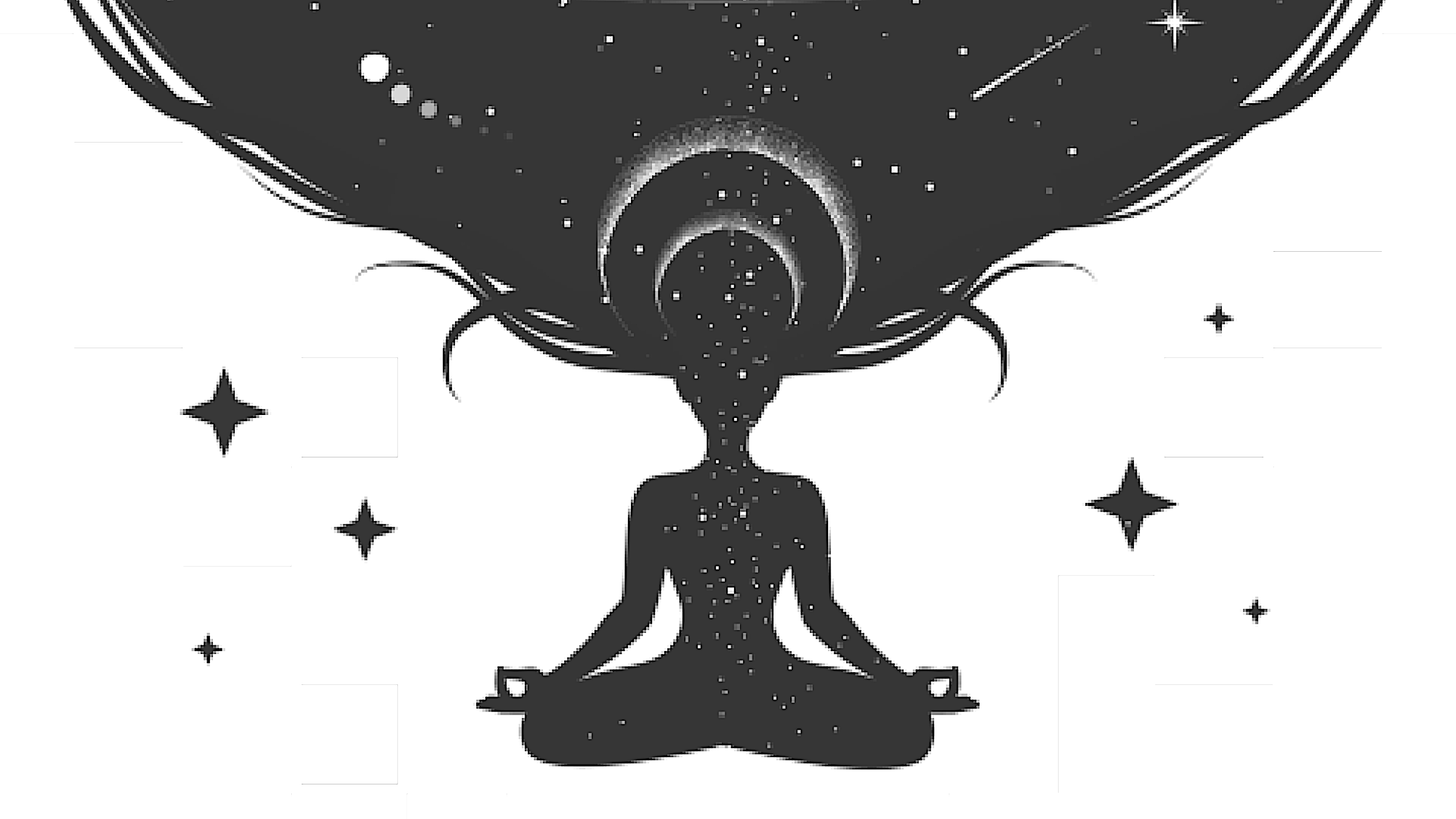 Illustration of a woman sitting cross-legged in meditation with a swirl of astrology and thoughts about "my horoscope" in her head