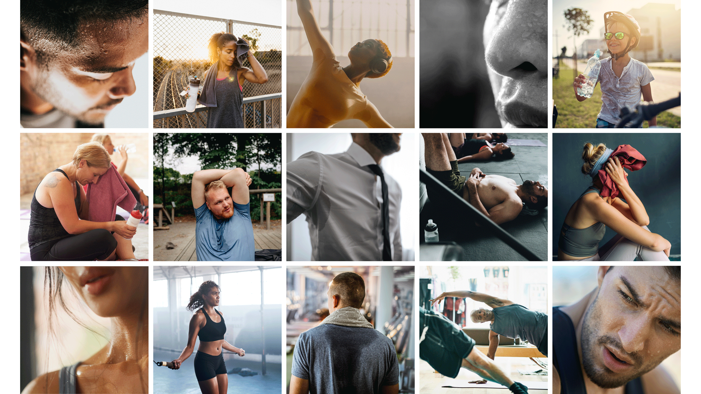 Grid of images of various humans sweating while working out, including runners, bikers, yoga people, weight lifters, and office guy