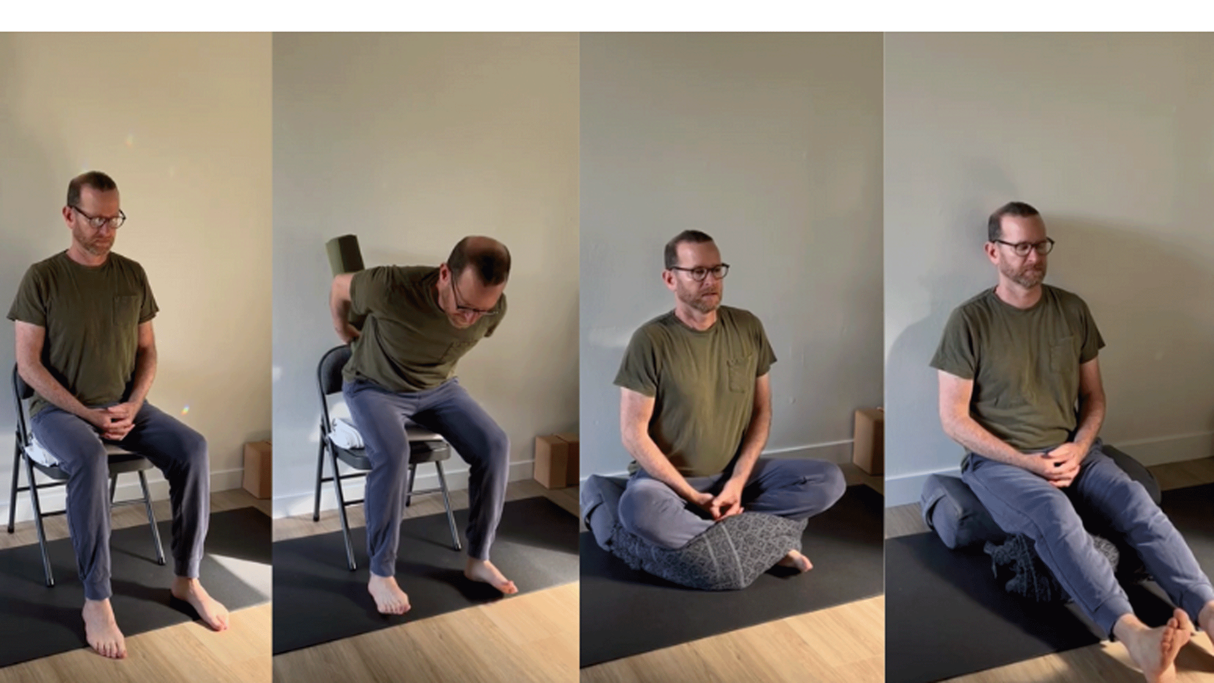 Yoga teacher Jivana Heyman practicing four different meditation postures.