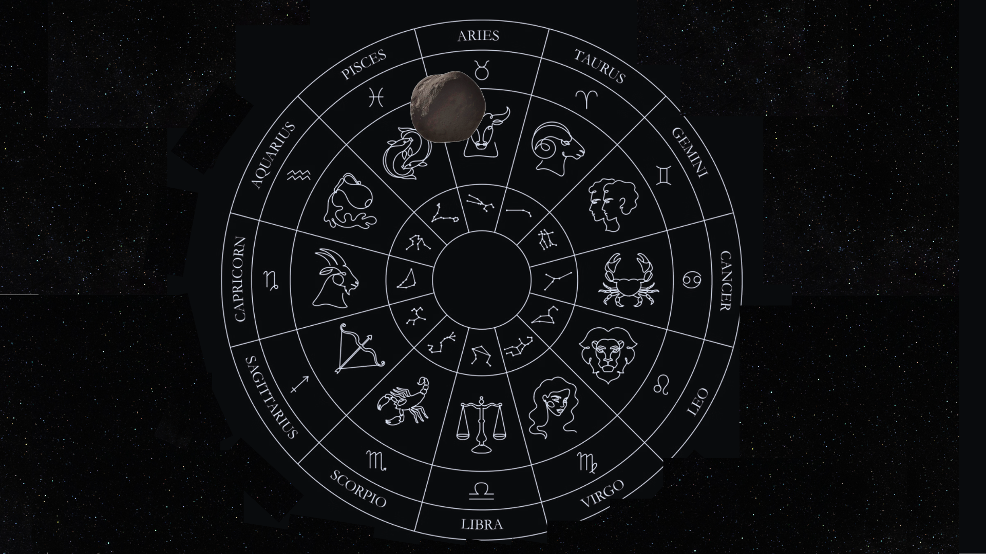 An illustration of the asteroid Chiron overlaid on the zodiac circle with the black starry night sky as backdrop