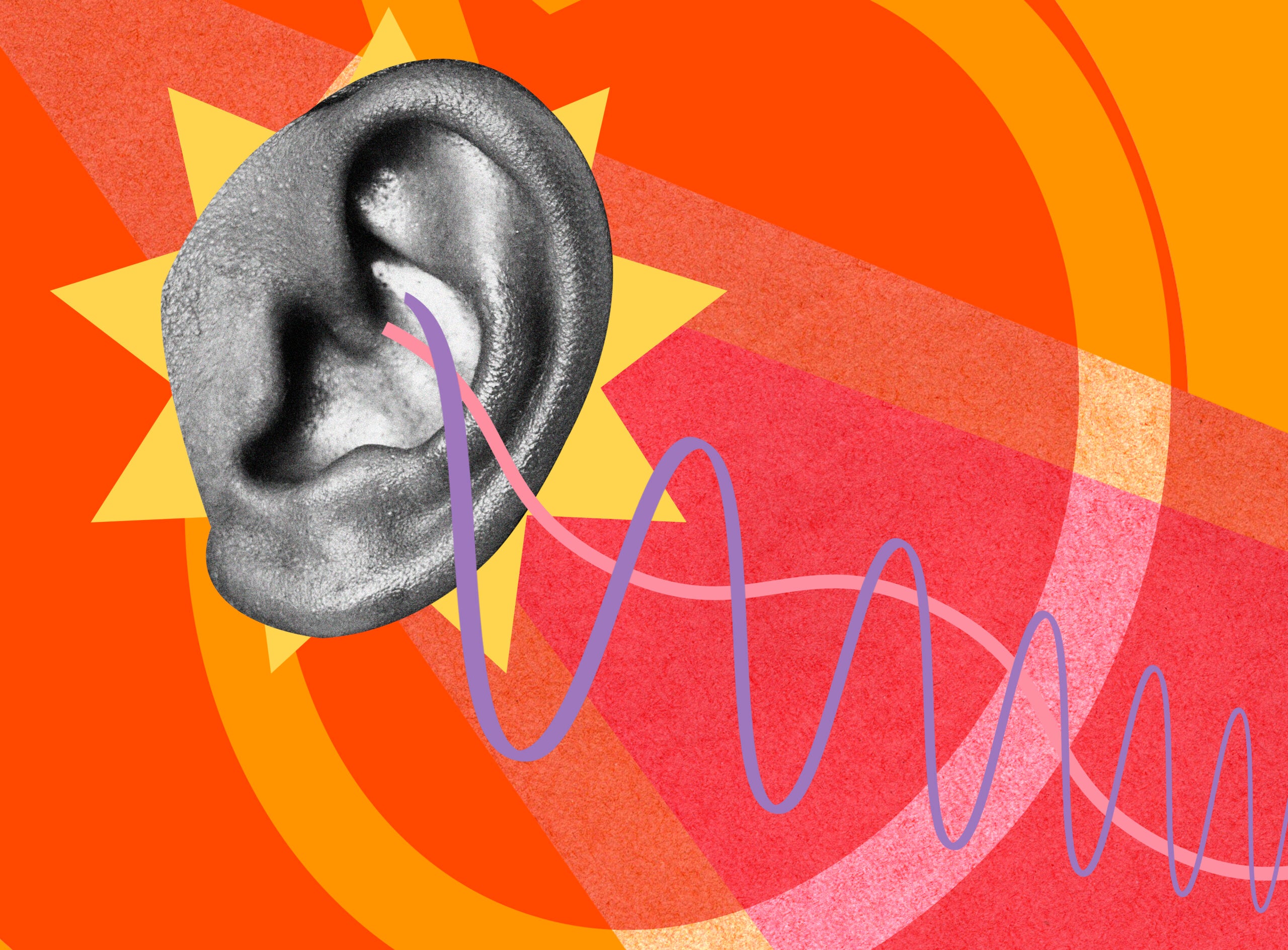 Illustrative image of a human ear and scribbled lines representing noise zig-zagging toward it over a red background.