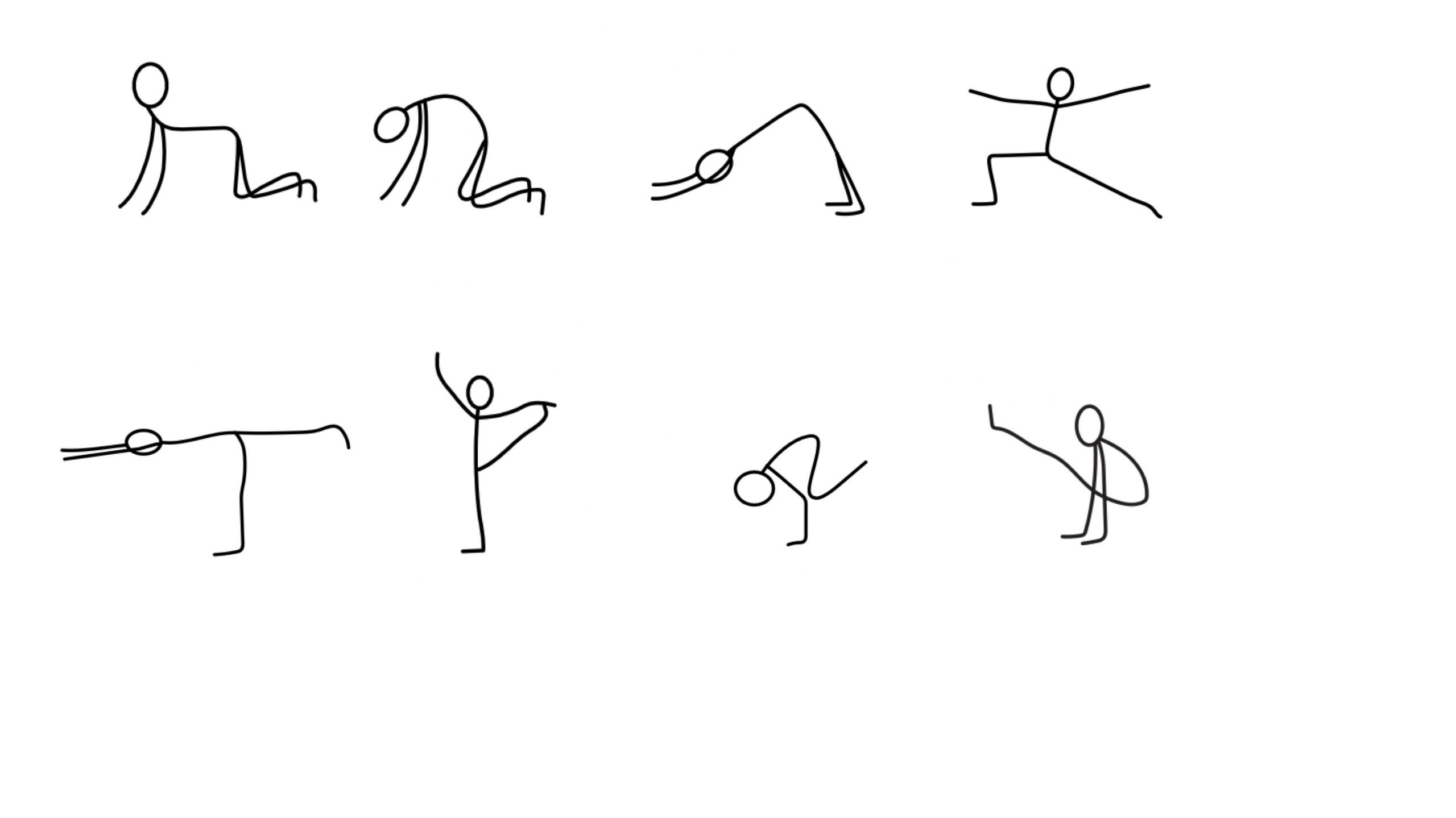 Hand-drawn stick figures of individuals in yoga poses