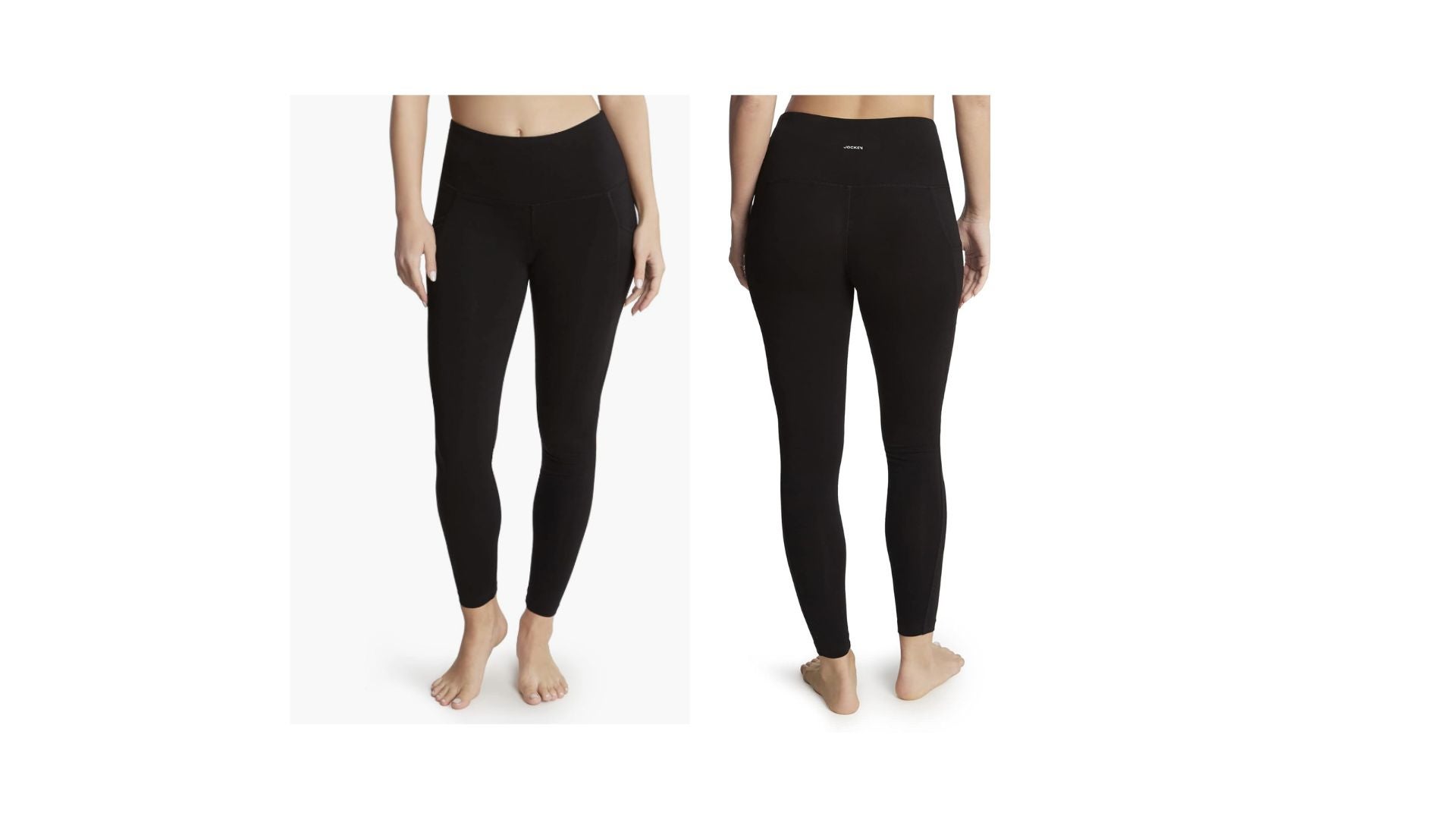 Two images of black cotton Jockey leggings.