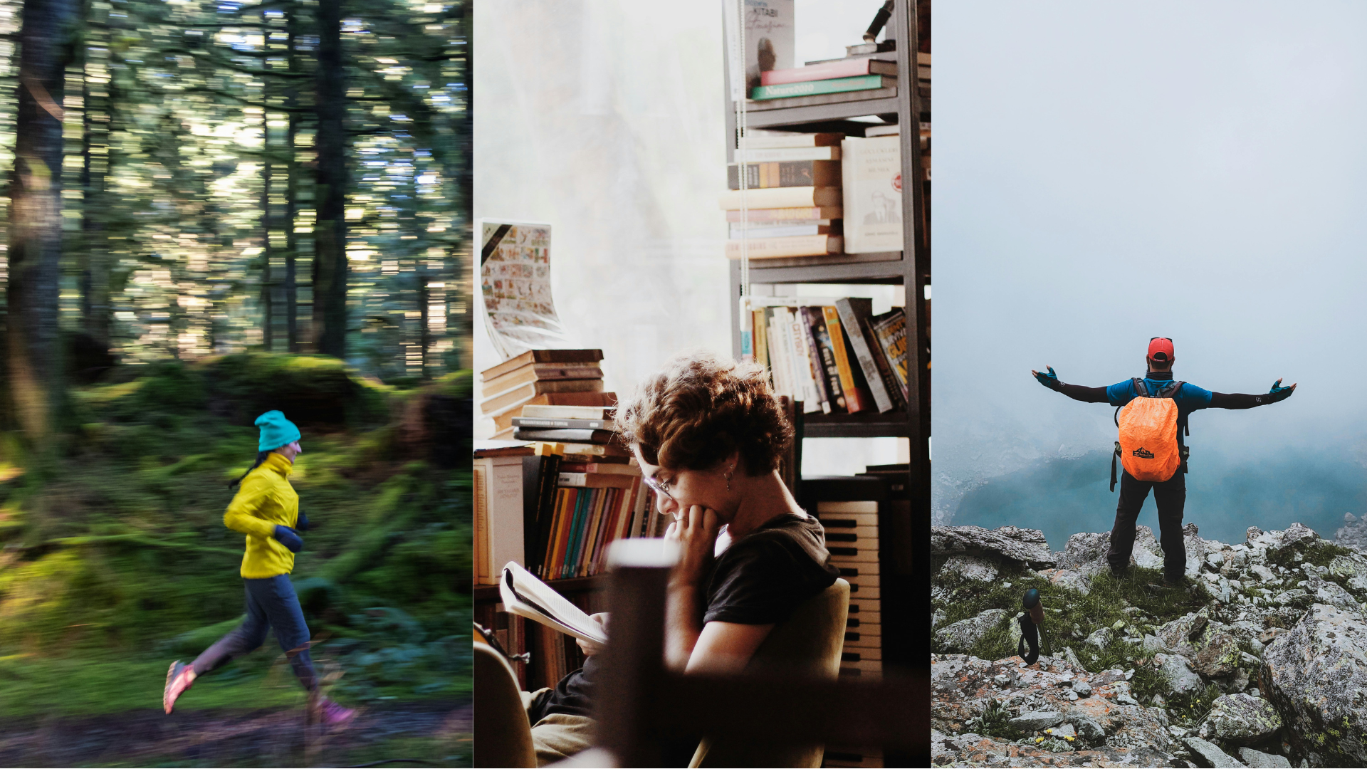 Collage of images of people being present, including a runner, reader, and hiker