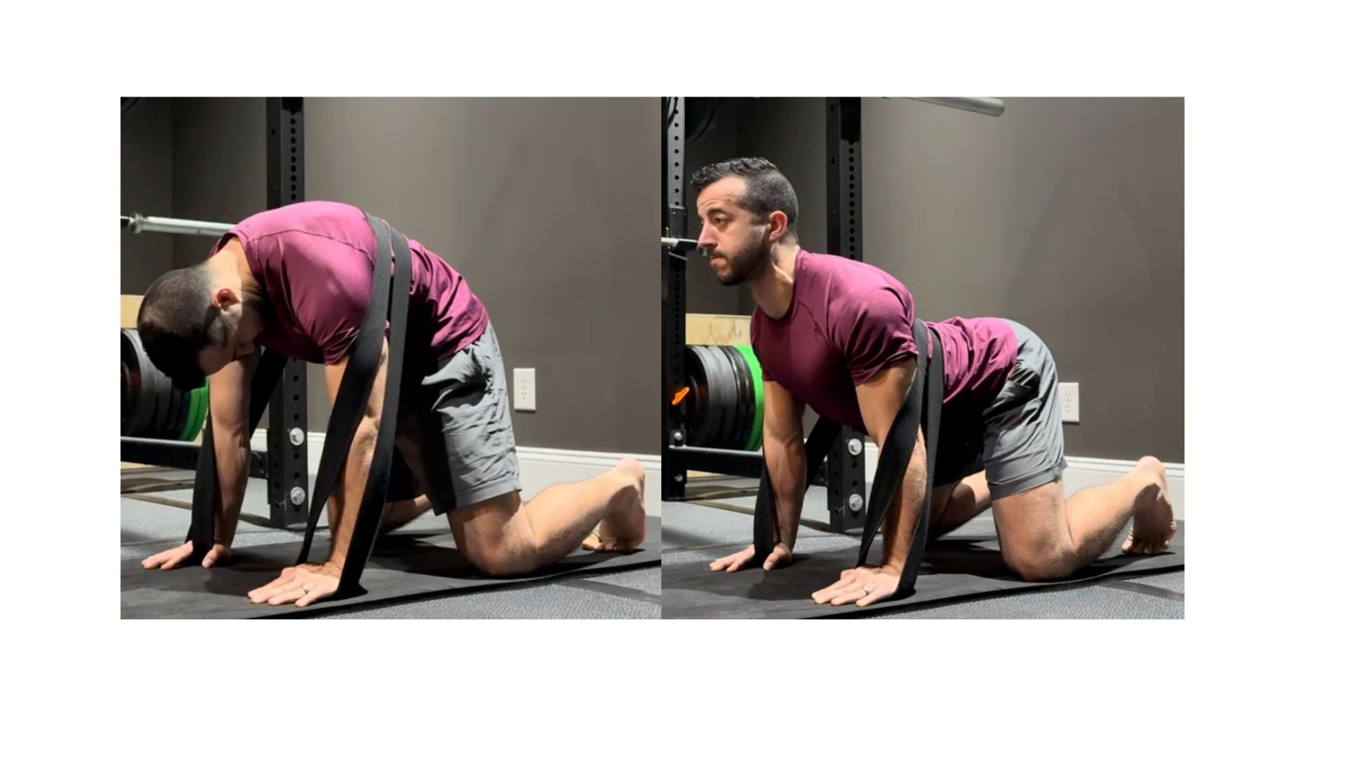 Side by side image of a man doing Cat Pose and Cow Pose with a black resistance band wrapped around his back.