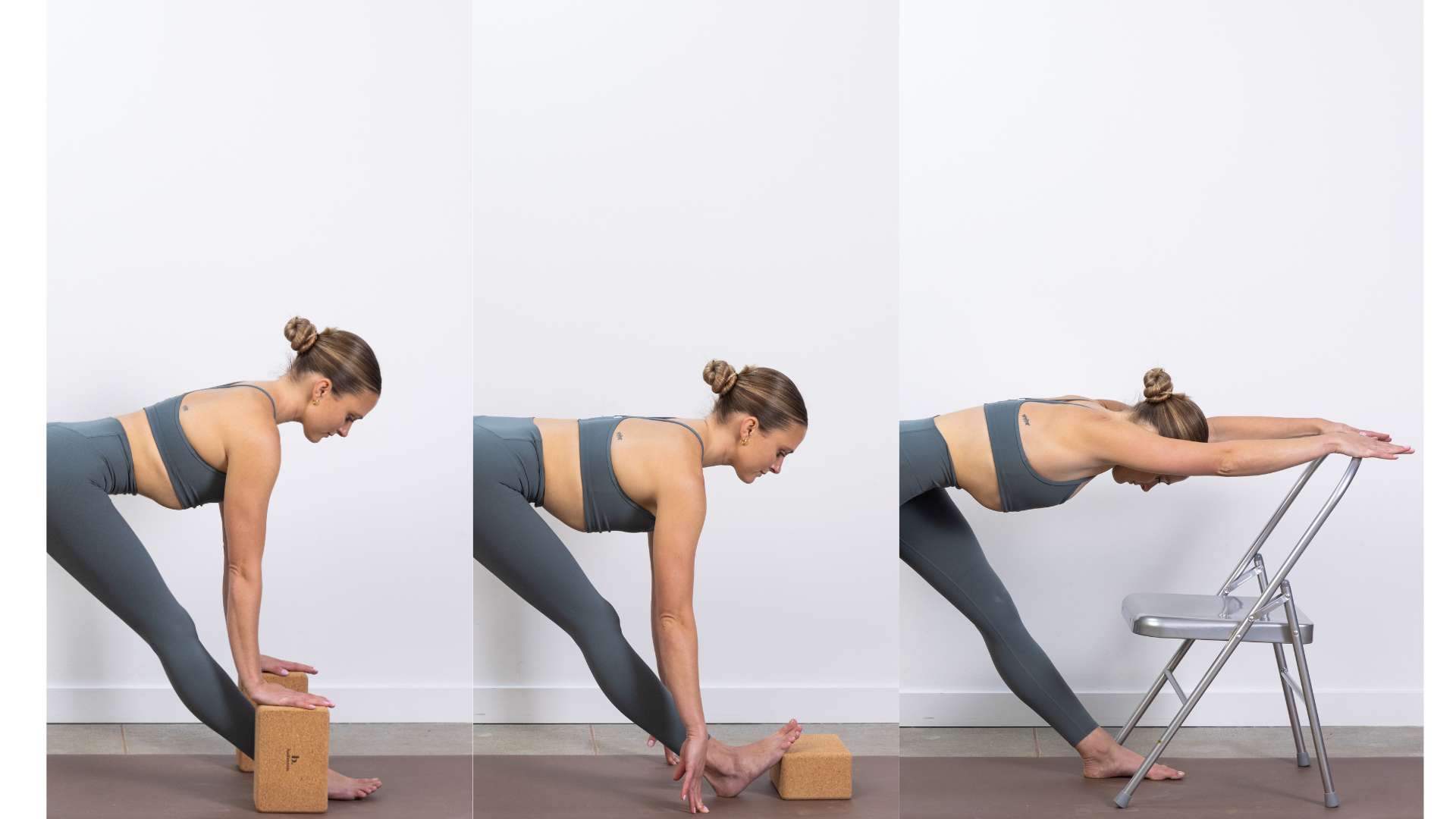 Yoga teacher practicing different variations of Pyramid Pose with props
