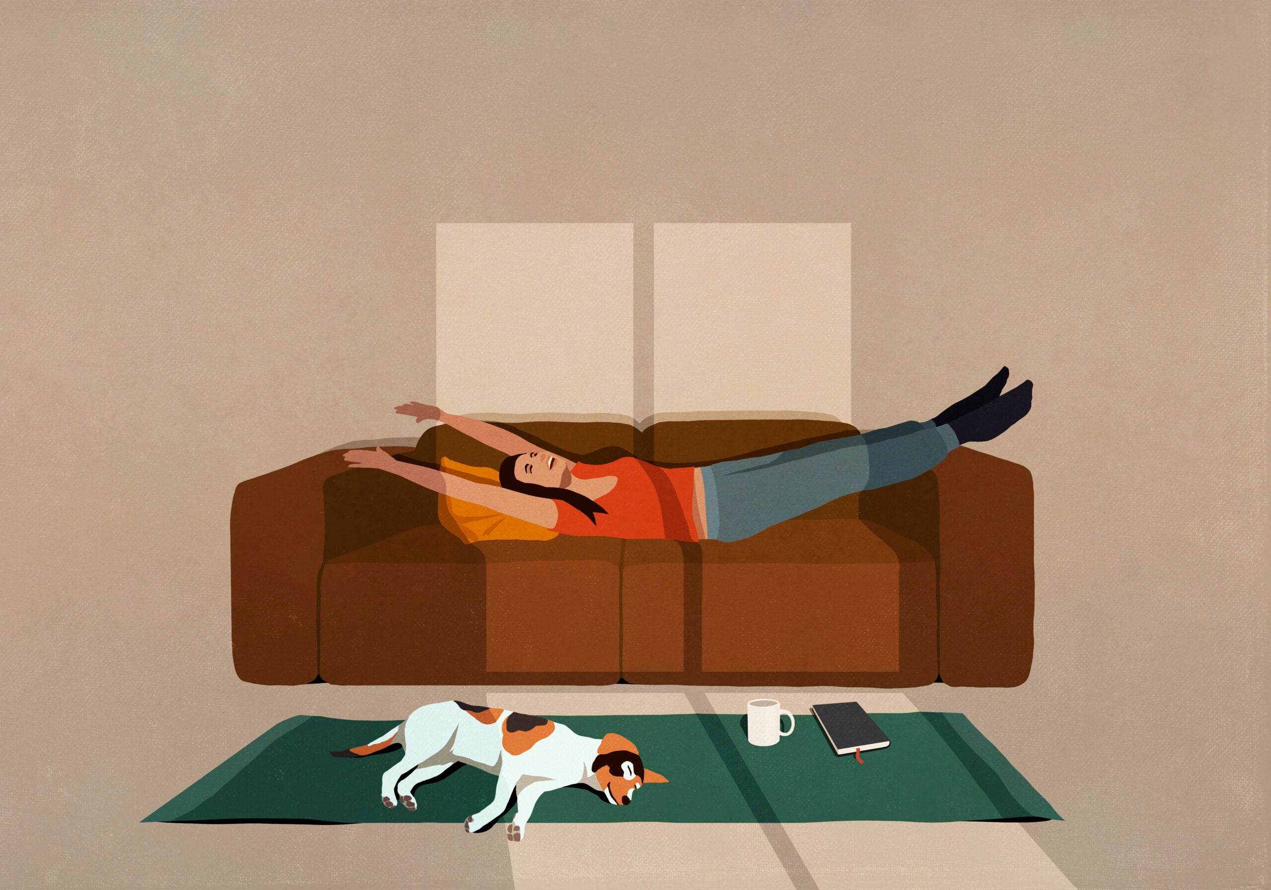 Illustration of a woman reclining and stretching on a red couch with her dog on a green yoga mat on the floor.