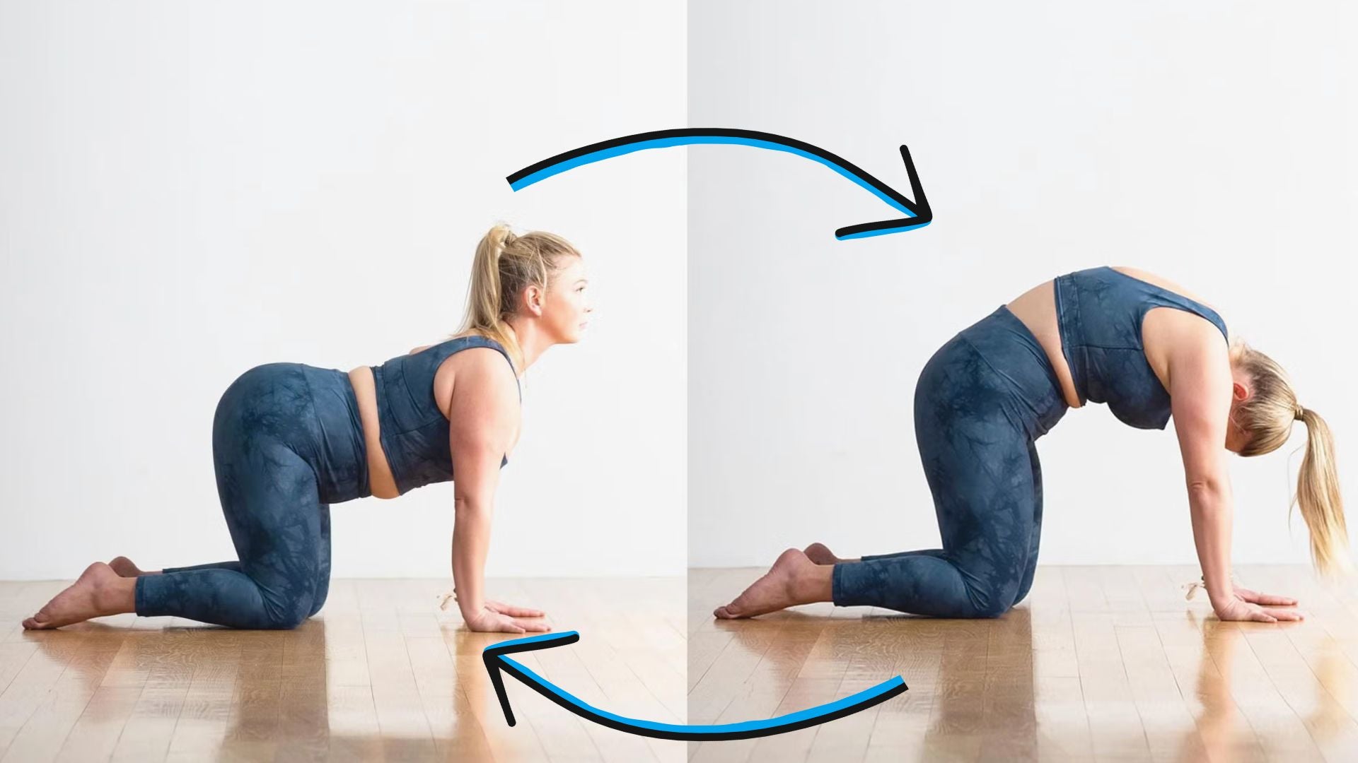 Side by side of woman practicing Cow Pose and Cat Pose with blue arrows indicating she's moving between these two positions.